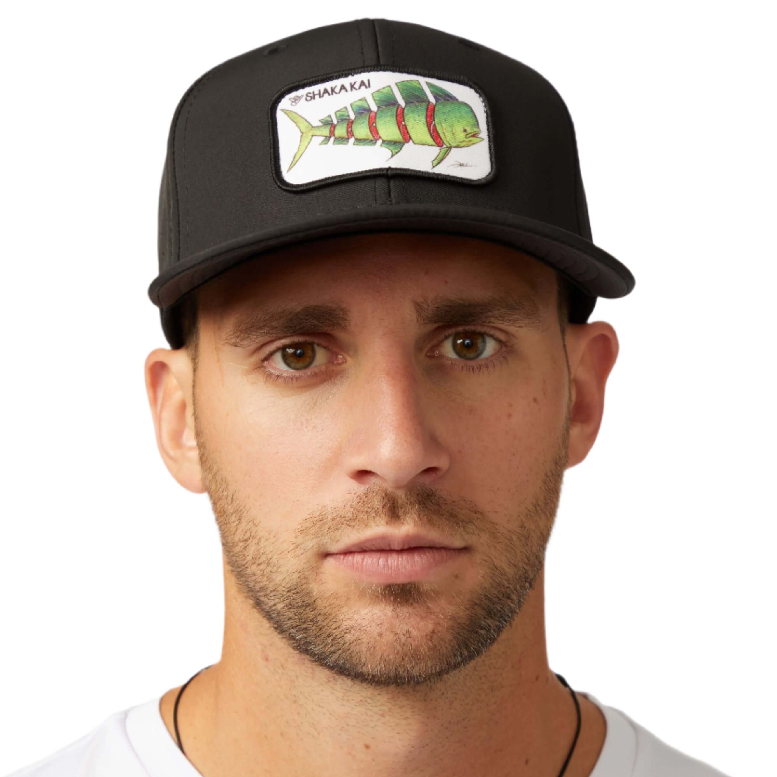 DaveL Shaka-Shimi Mahi Ultra Fit hat featuring a colorful fish patch, perfect for outdoor adventures and sun protection.