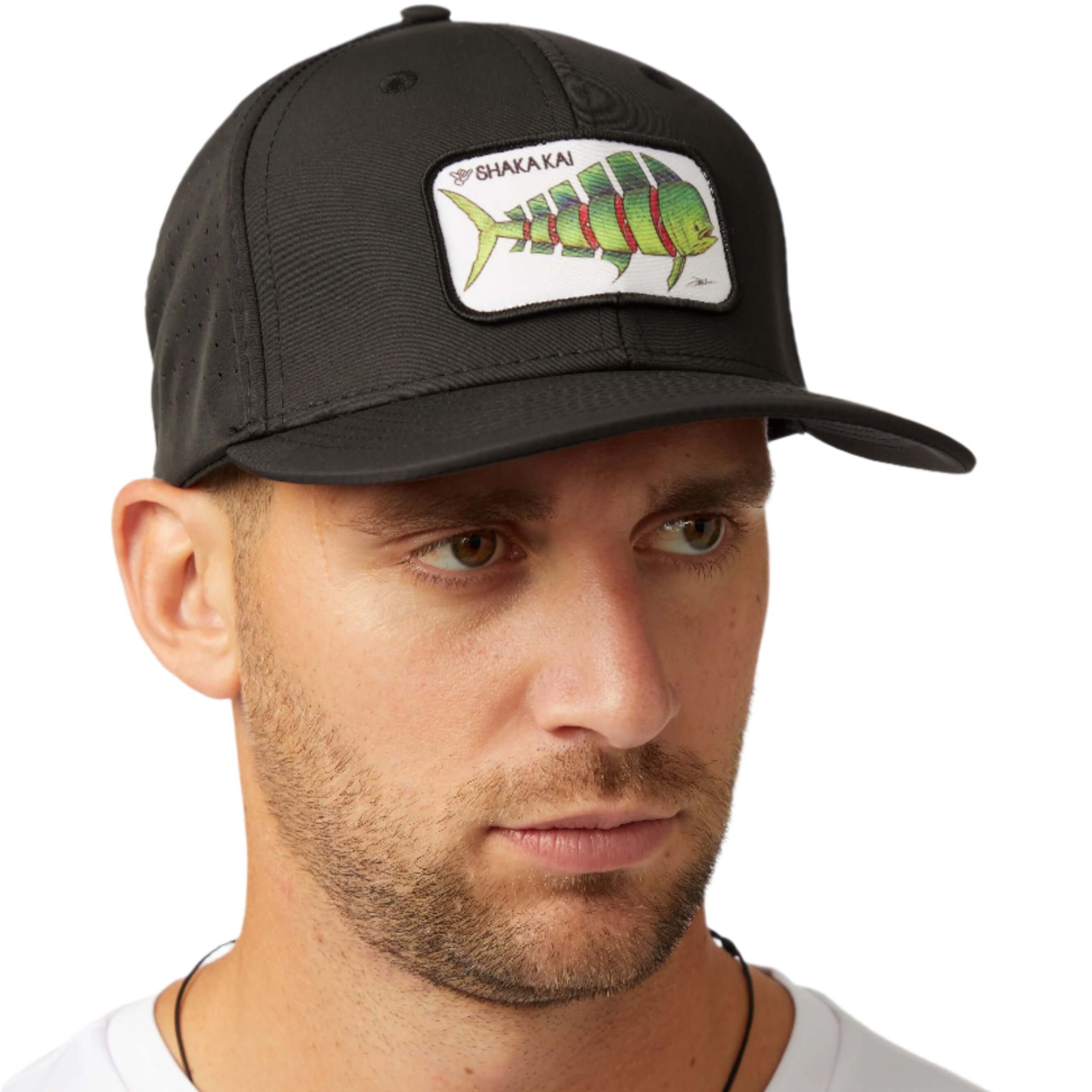 DaveL Shaka-Shimi Mahi Ultra Fit hat featuring vibrant fish patch design on a black cap, perfect for outdoor adventures.