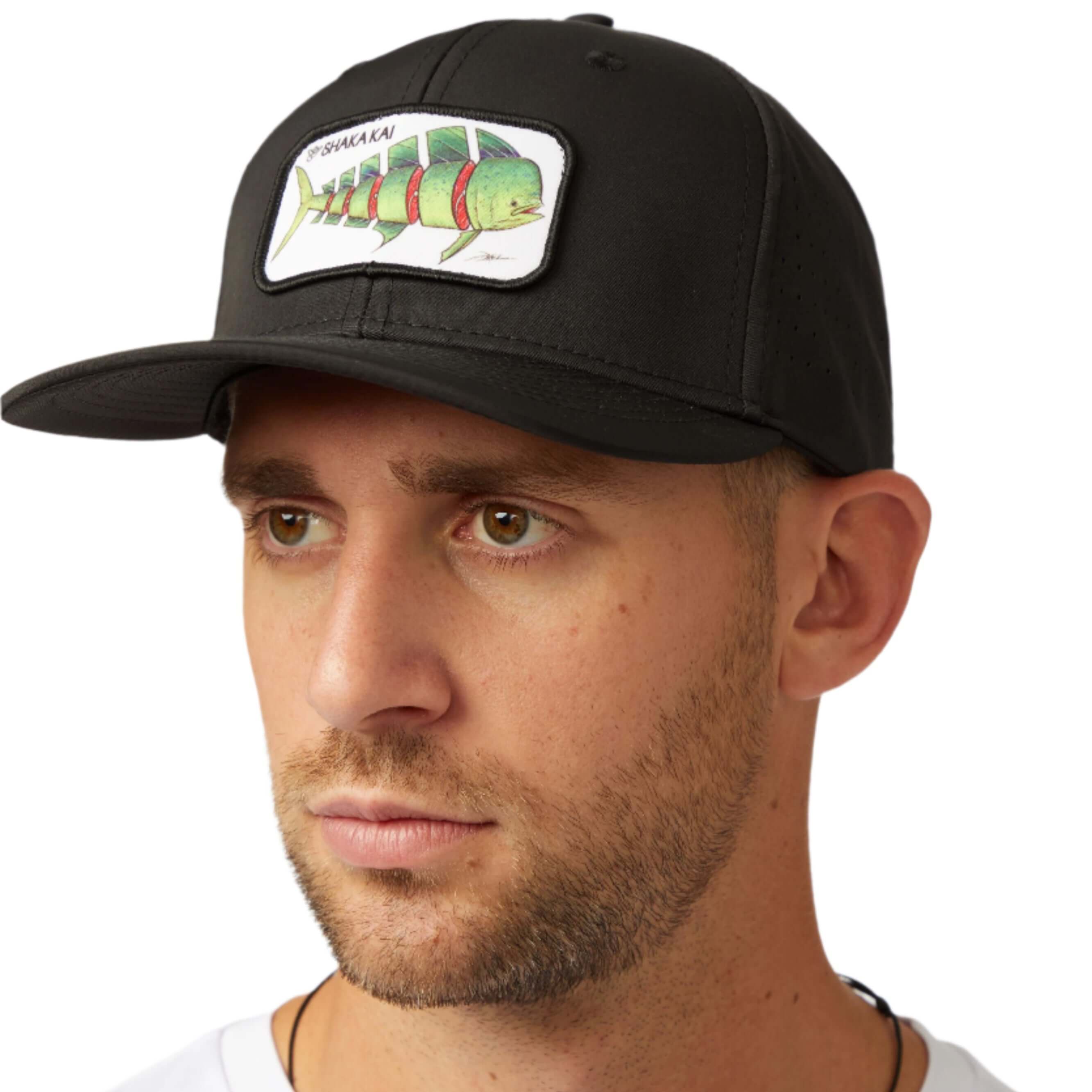 DaveL Shaka-Shimi Mahi Ultra Fit hat featuring a unique fish patch and sleek black design for style and sun protection.
