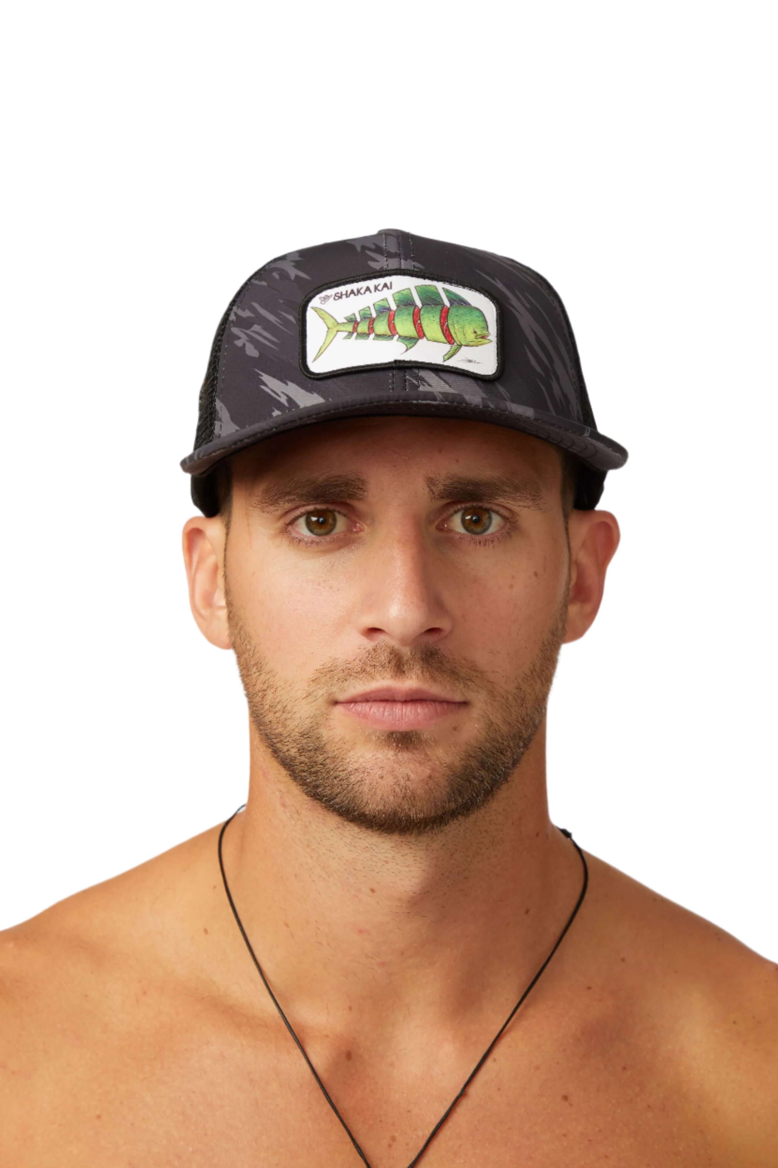 DaveL Shaka-Shimi Mahi Trucker hat featuring bold mahi mahi print and premium embroidery on a model.