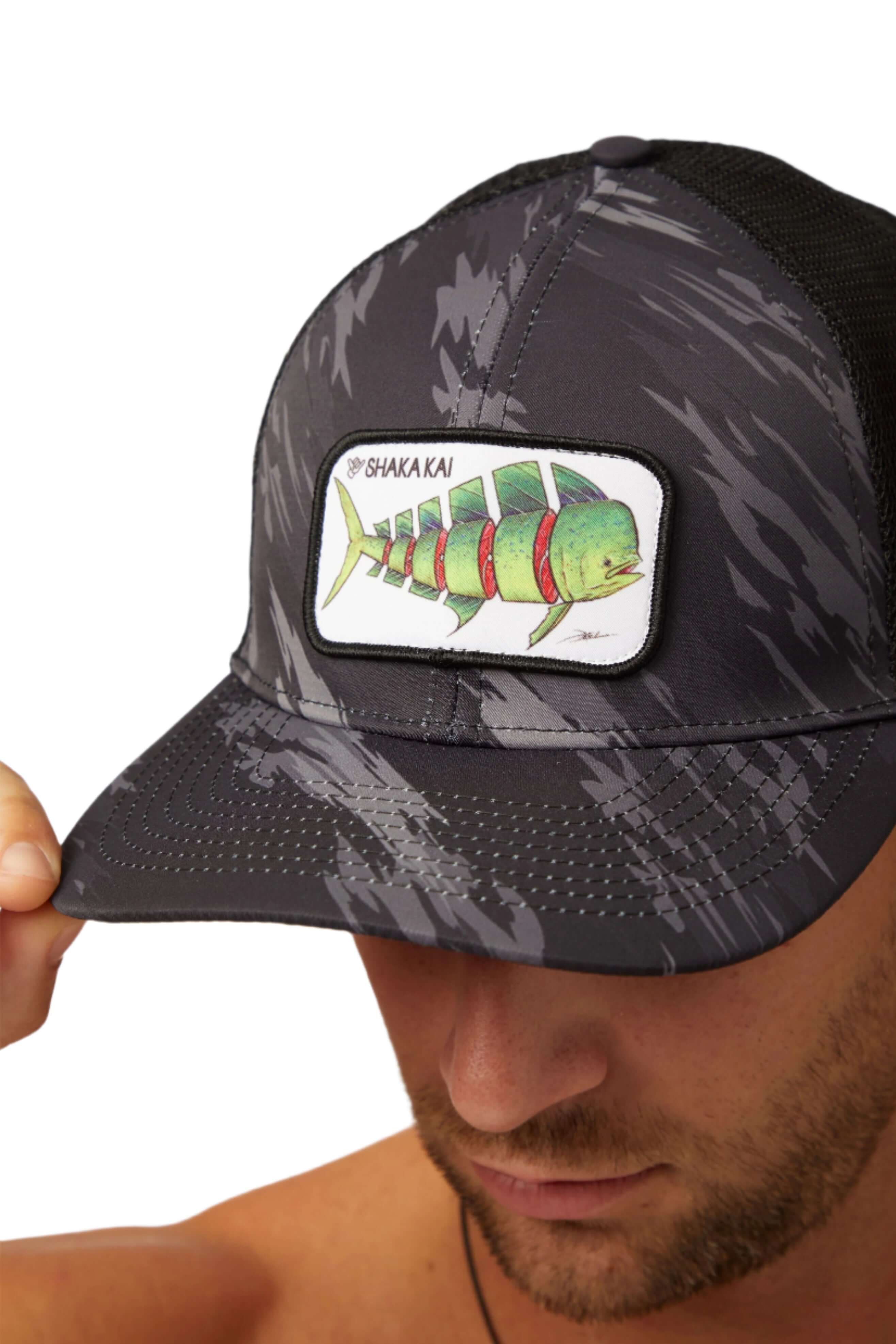 DaveL Shaka-Shimi Mahi Trucker hat featuring Mahi Mahi print and premium embroidery for coastal streetwear style.