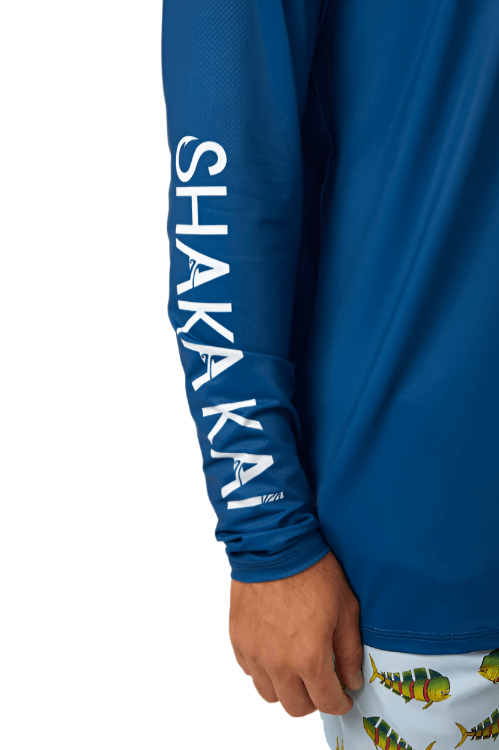 A white or blue long sleeve hooded performance shirt with UPF 50 sun protection, featuring text and a graphic on the front.
