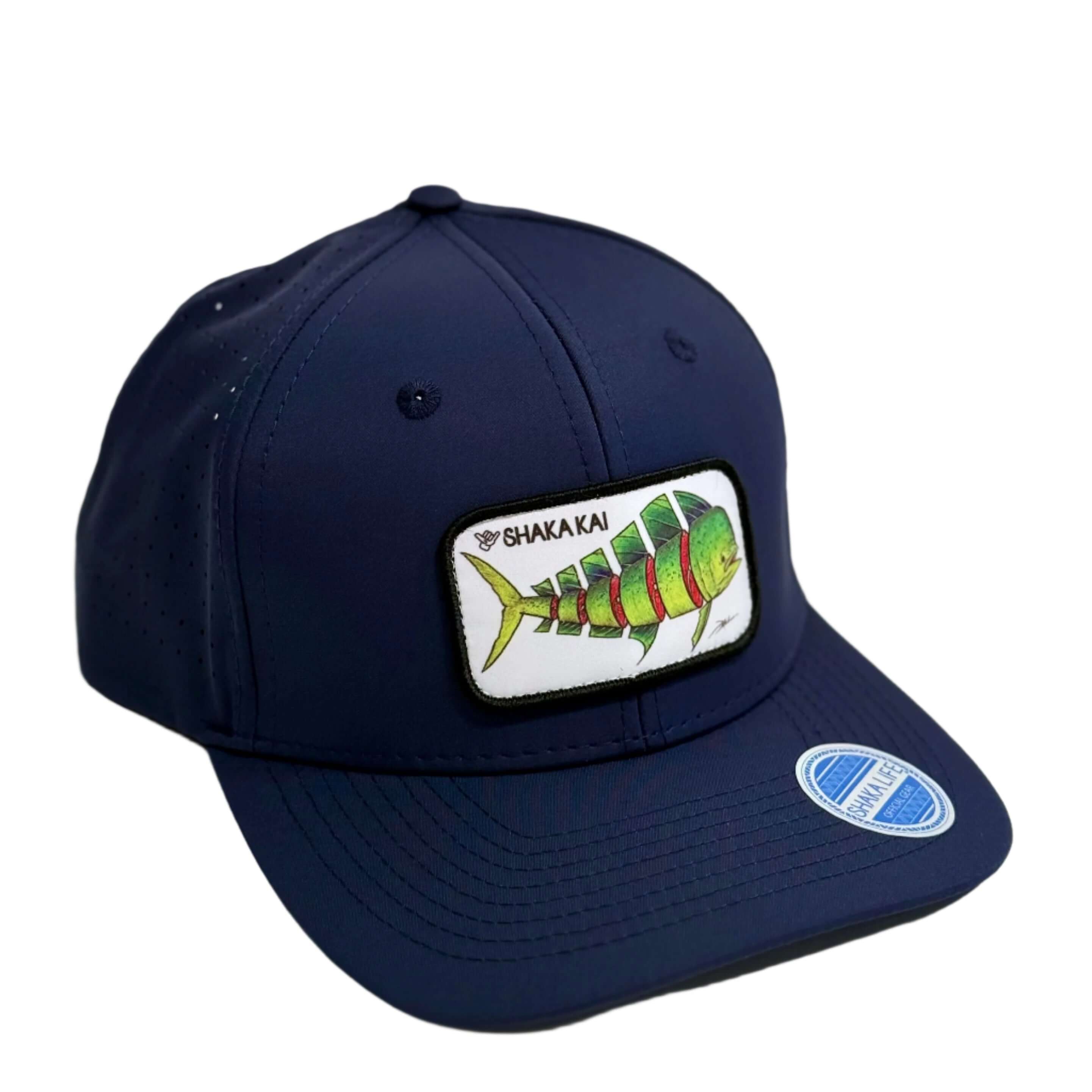 DaveL Shaka-Shimi Mahi Ultra Fit hat featuring vibrant fish patch design and modern sun protection.