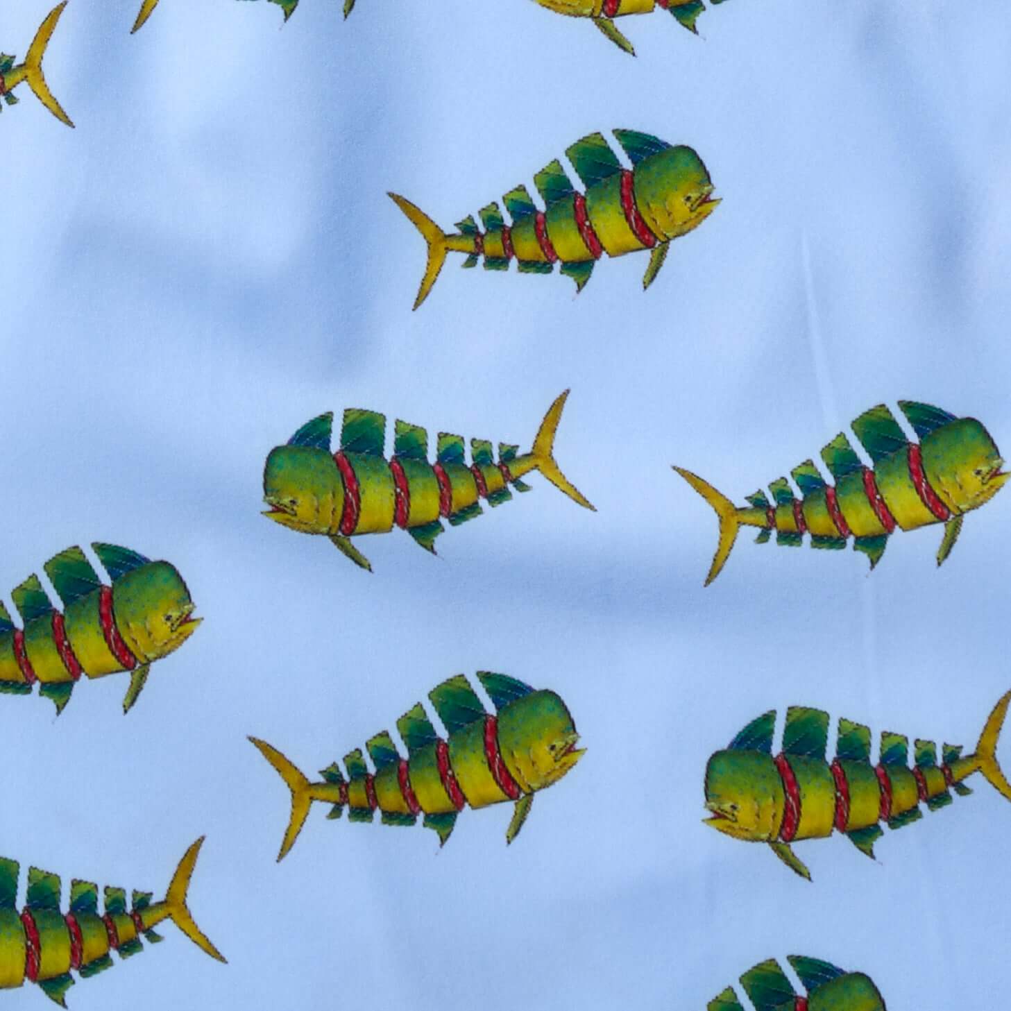 Pattern of mahi-mahi fish in vibrant colors on fabric, featured in the DaveL Shaka-Shimi Mahi Volley Short.