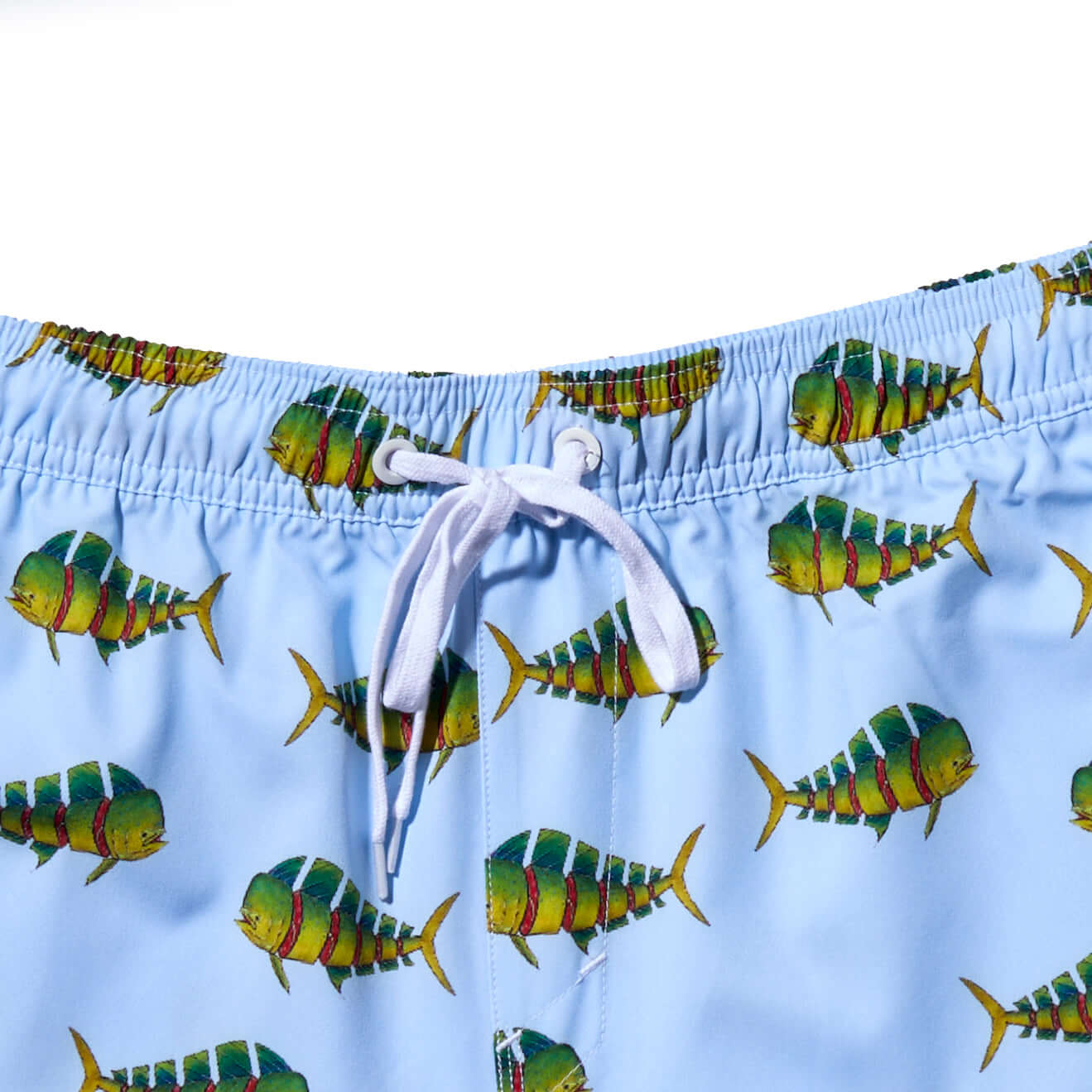 DaveL Shaka-Shimi Mahi Volley Short featuring vibrant mahi-mahi artwork and drawstring detail.