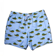 DaveL Shaka-Shimi Mahi Volley Short featuring vibrant mahi-mahi artwork on light blue fabric.