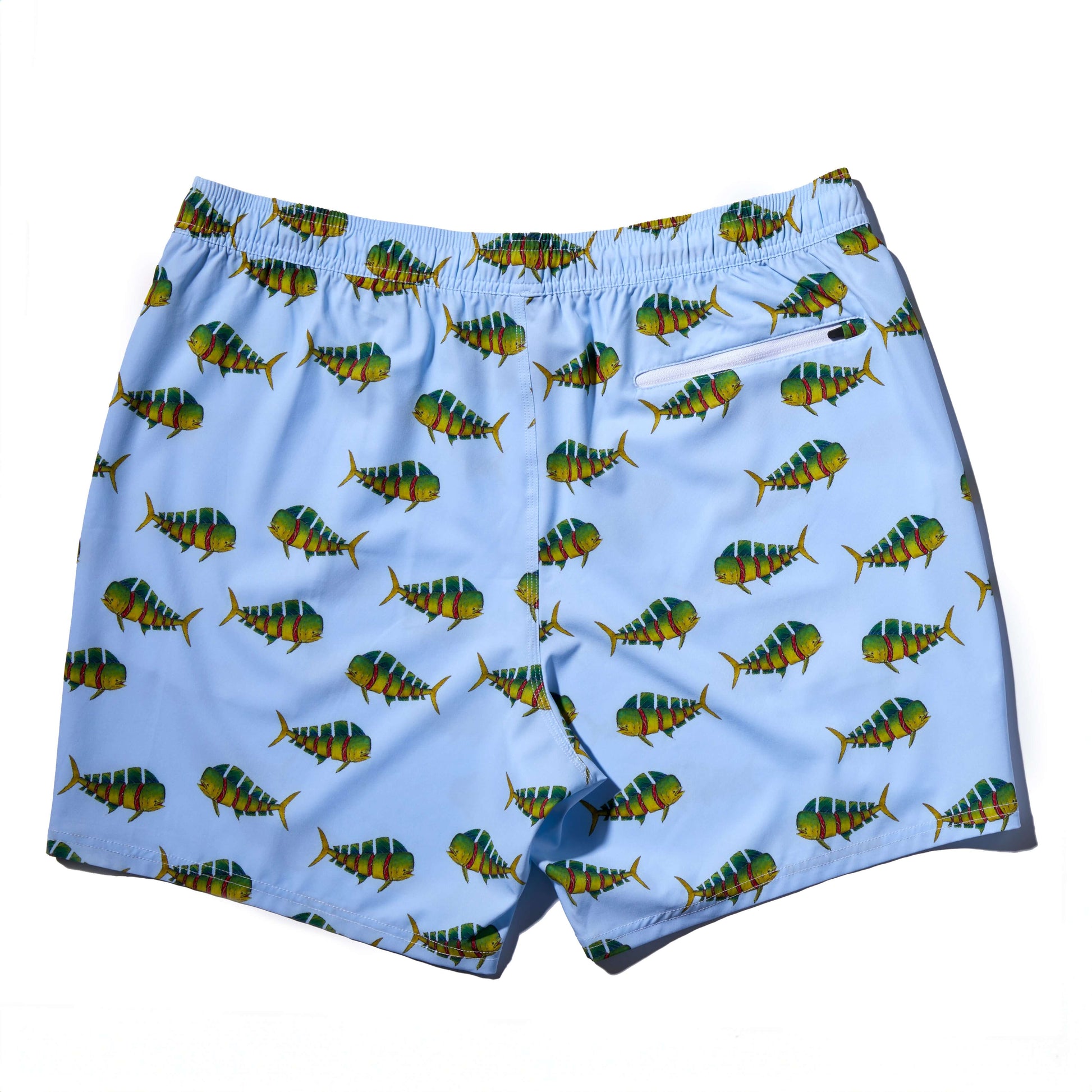 DaveL Shaka-Shimi Mahi Volley Short featuring vibrant mahi-mahi artwork on a light blue background.
