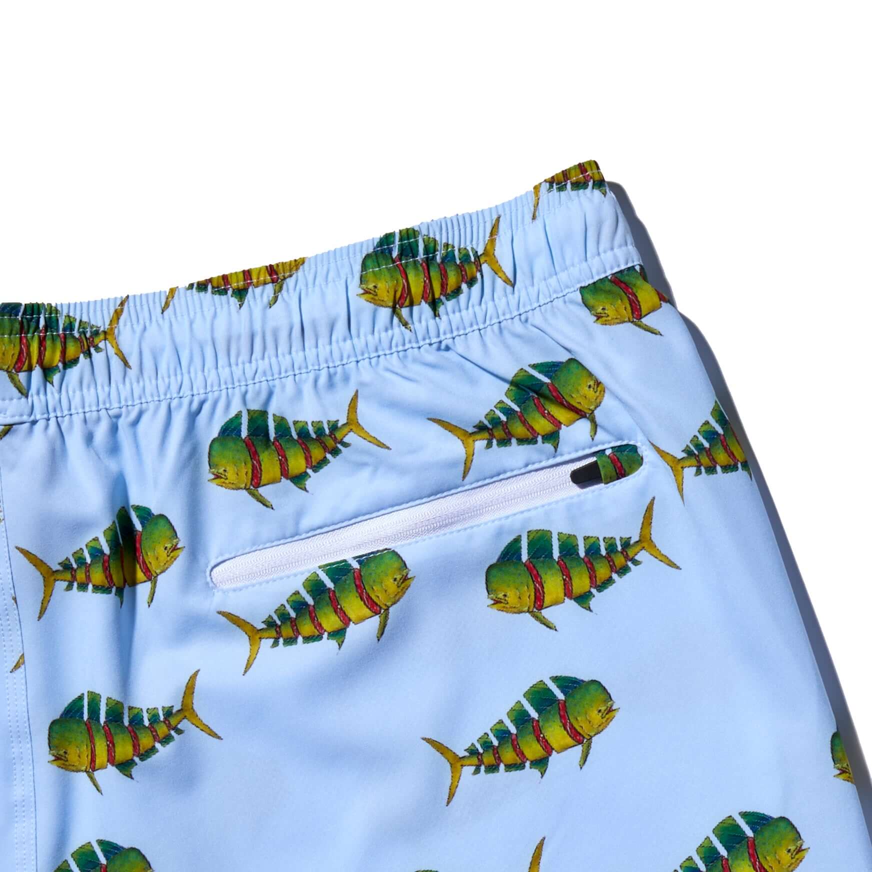 DaveL Shaka-Shimi Mahi Volley Short featuring vibrant mahi-mahi artwork and a convenient zip pocket.