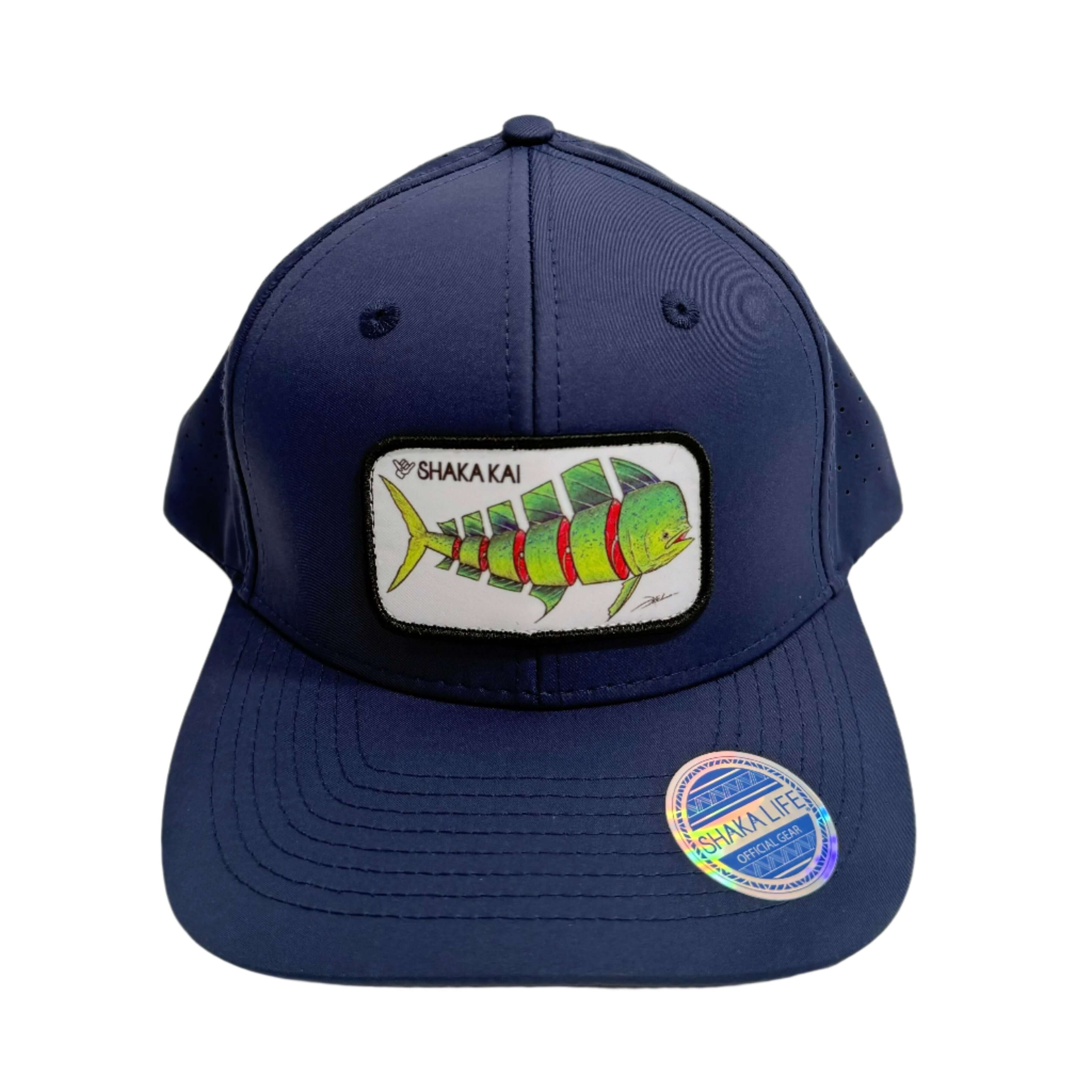 DaveL Shaka-Shimi Mahi Ultra Fit hat featuring colorful Shaka Kai patch on a navy cap.