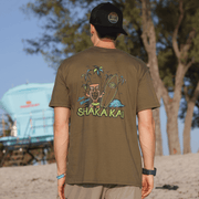 Tiki Time T-Shirt featuring a vibrant 'SHAKA KAI' graphic, perfect for beach outings and summer vibes.