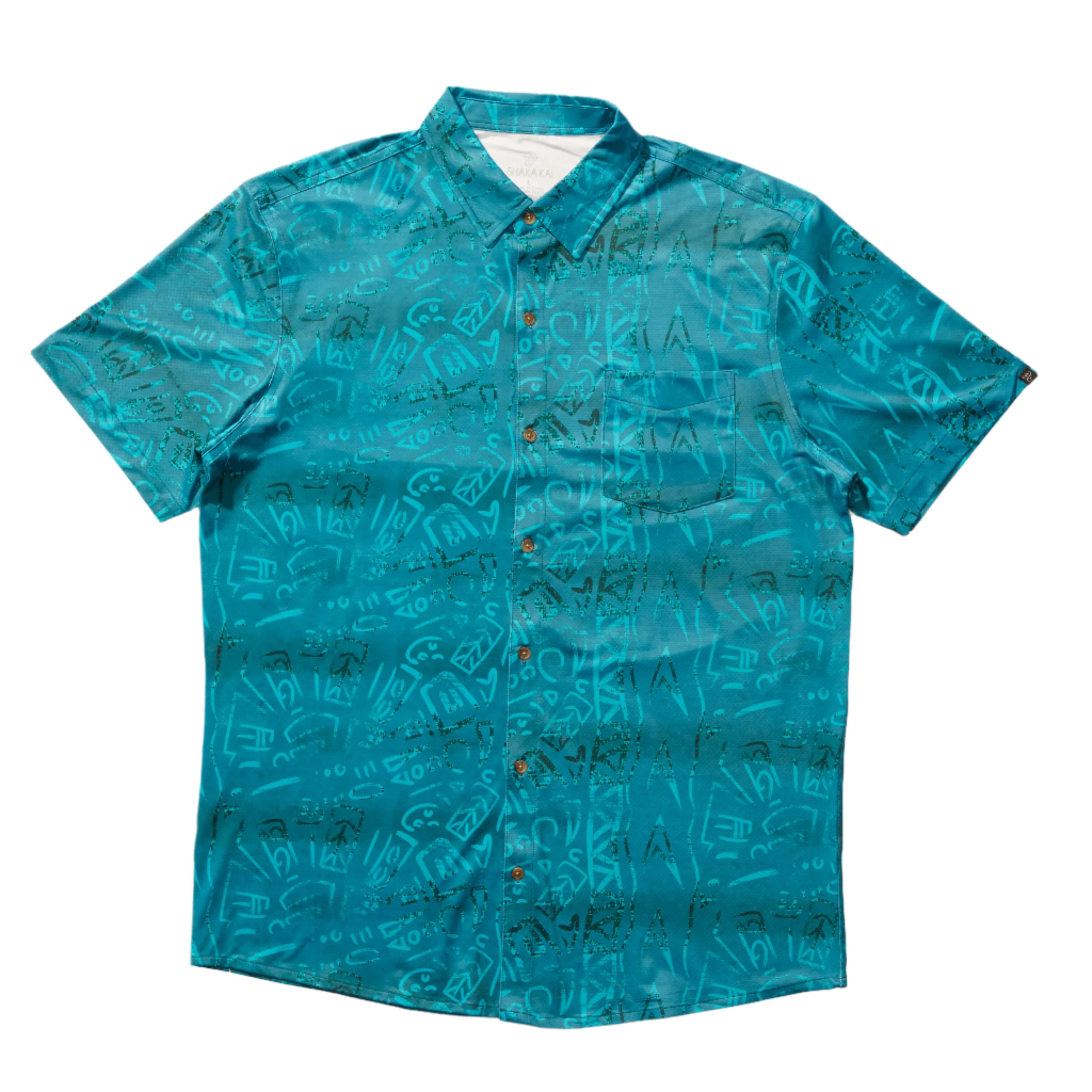 A turquoise colored Tonga shirt with a tropical pattern.