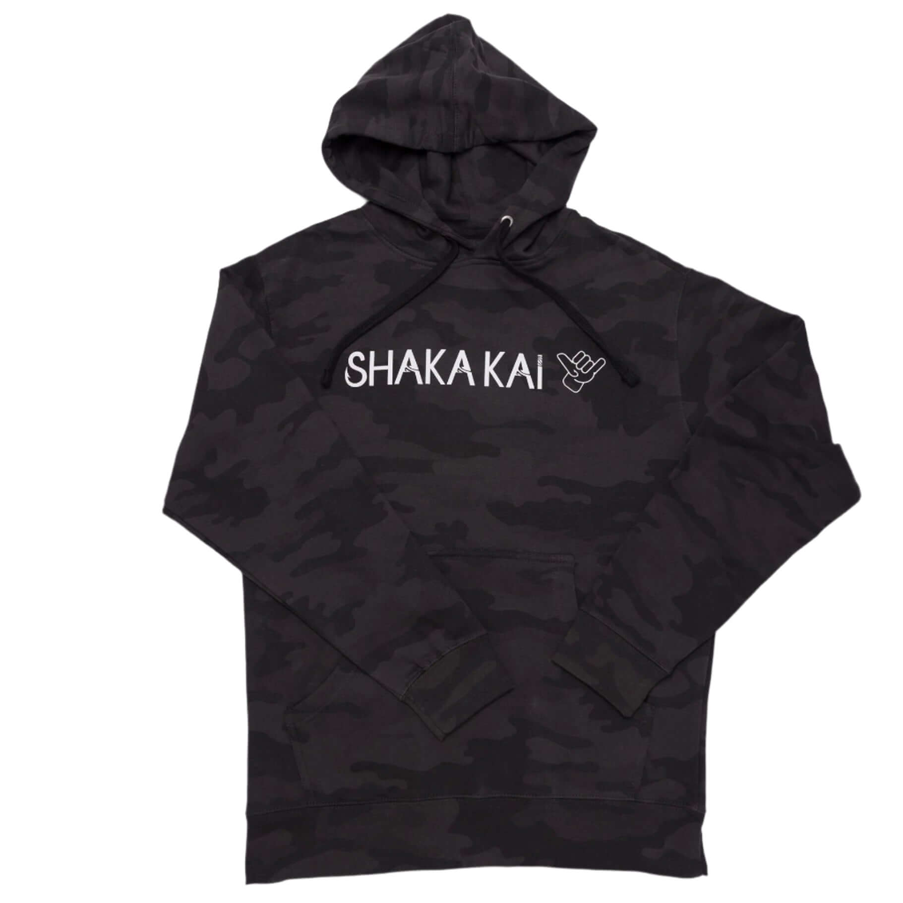 Black camo hoodie with 'SHAKA KAI' logo 