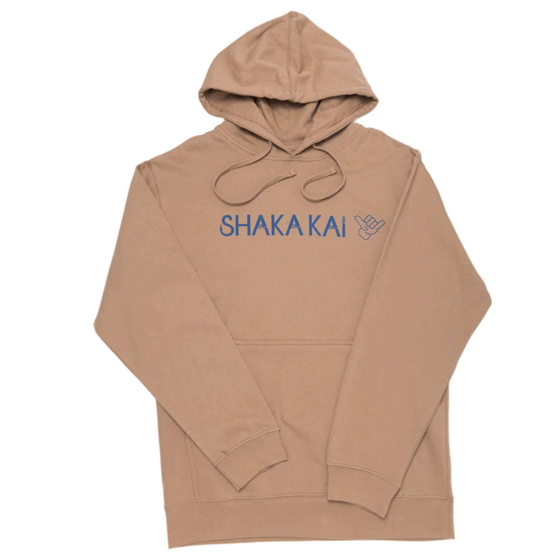 A tan long sleeve cotton hooded sweatshirt with the text 'SHAKAKAI' printed on the front.