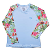 Coco Loco LS Performance Shirt UPF 50 with floral design and blue body for sun protection and comfort.